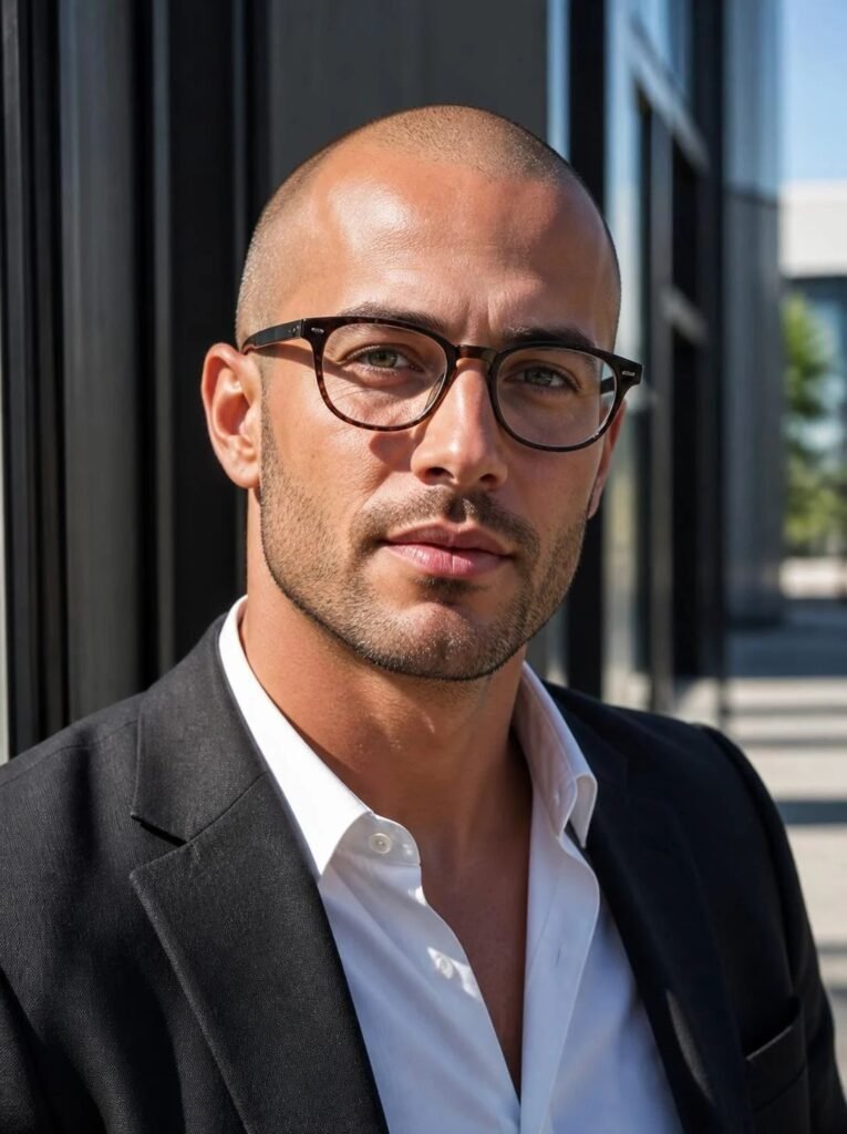 Shaved head with stubble and glasses